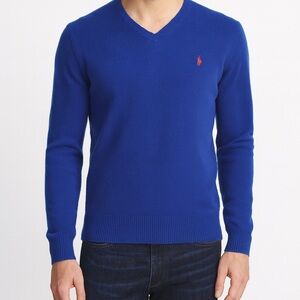 Polo Ralph Lauren V-Neck Merino Wool Custom Fit Blue Pink Horse Sweater